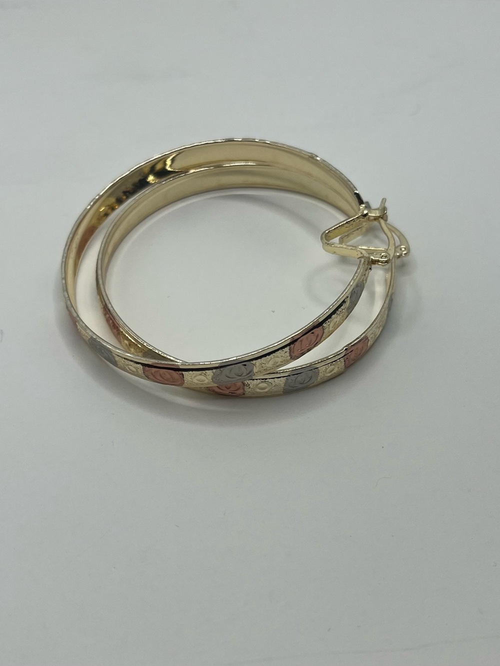 Gold filled Tri-Color Floral Engraved Hoop Earrings - Gold, Rose & Silver
